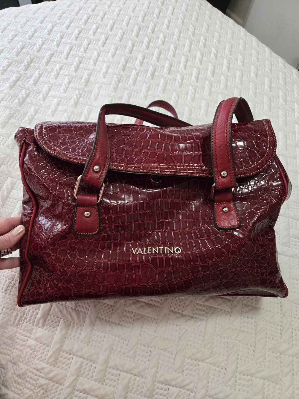Valentino Burgundy Croc-Embossed Large Handbag